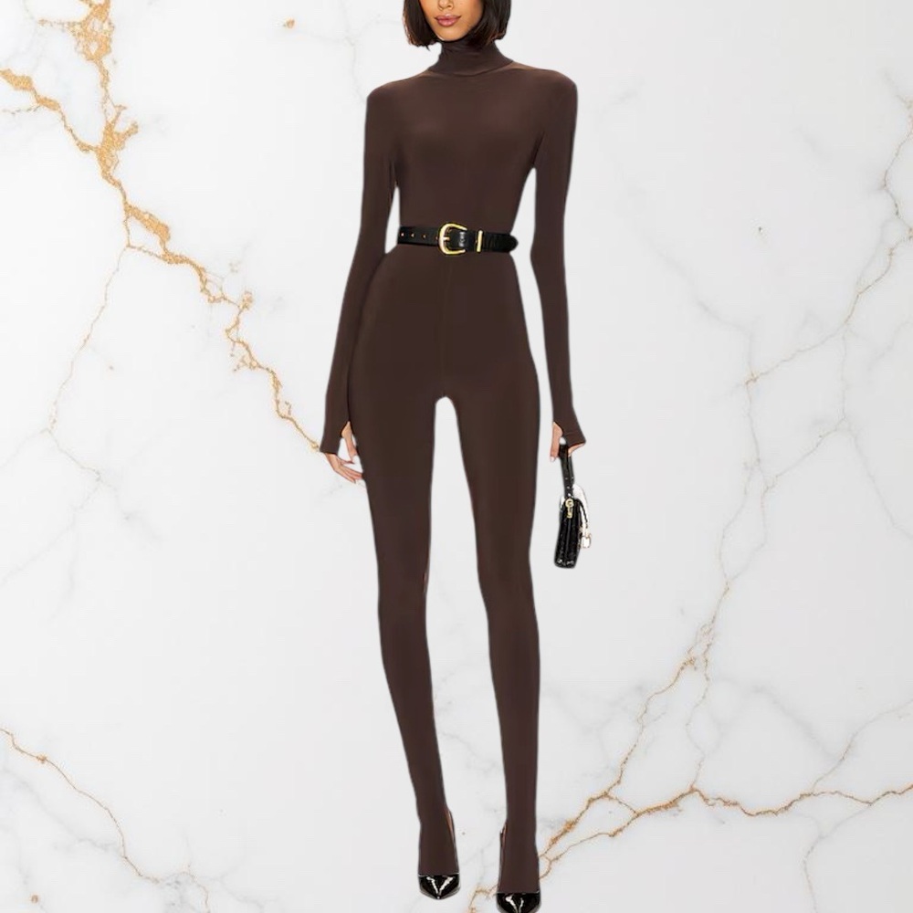 Norma Kamali Chocolate Brown Long-Sleeve Turtleneck Jumpsuit